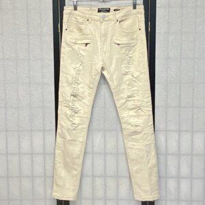 Freehold Mid Rise Cream Distressed Skinny Denim Jeans NWOT 30 Zip Pocket Stretch